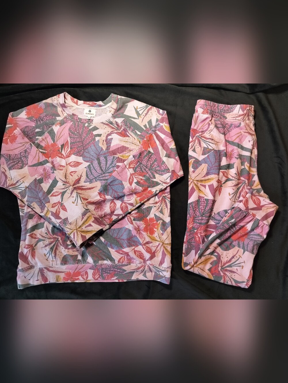 EUC Sundry Pink Tropical Floral Jogger Sweatpants & Sweatshirt Set Sweatsuit 4